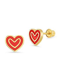 14k Gold Plated Enamel Red Heart Baby Girls Screwback Earrings with Sterling Silver Post