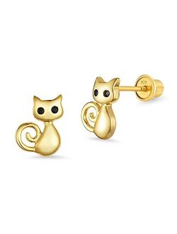 14k Gold Plated Brass Cat Cubic Zirconia Screwback Baby Girls Earrings with Sterling Silver Post