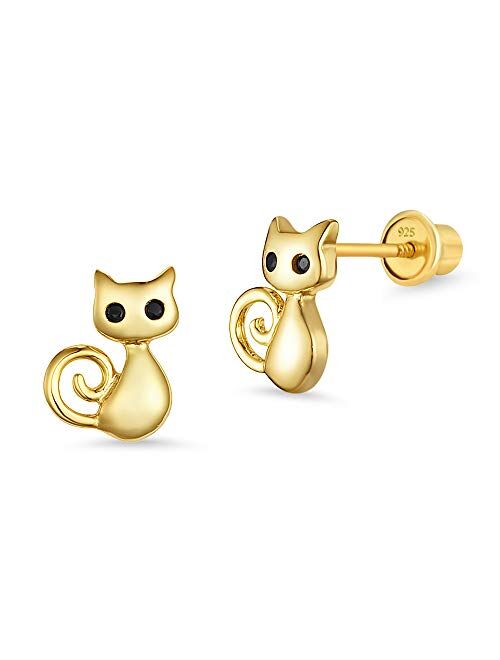 Lovearing 14k Gold Plated Brass Cat Cubic Zirconia Screwback Baby Girls Earrings with Sterling Silver Post