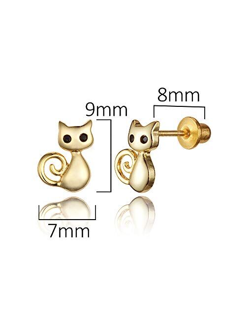 Lovearing 14k Gold Plated Brass Cat Cubic Zirconia Screwback Baby Girls Earrings with Sterling Silver Post