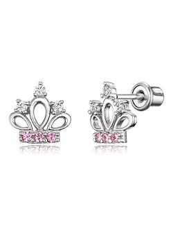 925 Sterling Silver Rhodium Plated Pink Cubic Zirconia Princess Crown Screwback Baby Girls Earrings