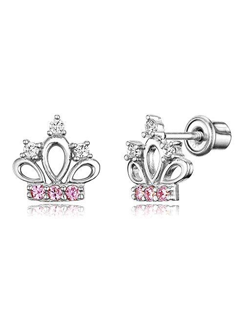 Lovearing 925 Sterling Silver Rhodium Plated Pink Cubic Zirconia Princess Crown Screwback Baby Girls Earrings