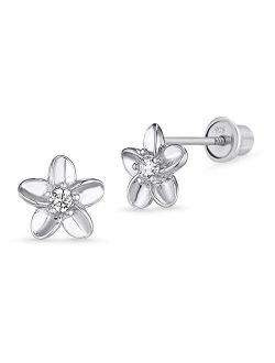 925 Sterling Silver Rhodium Plated Flower Cubic Zirconia Screwback Baby Girls Earrings