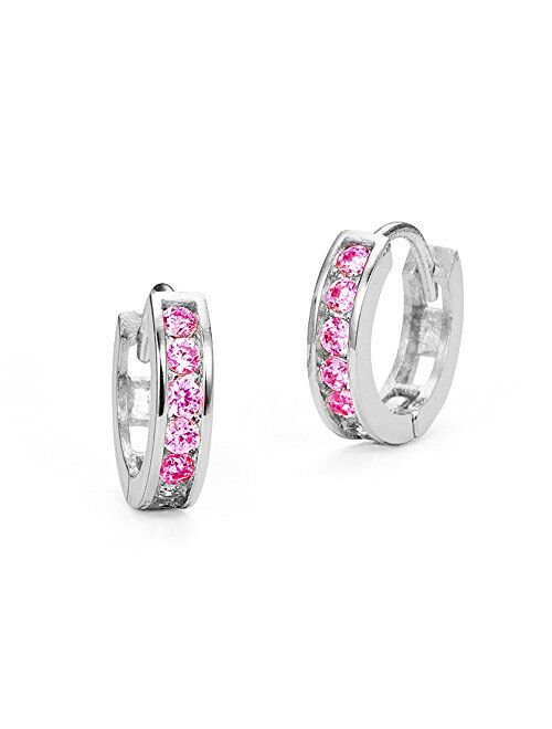 Lovearing 925 Sterling Silver Rhodium Plated 3mm x 13mm Cubic Zirconia Channel Huggie Baby Girls Earrings