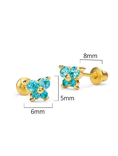 Lovearing 14k Gold Plated Brass Butterfly Cubic Zirconia Screwback Girls Earrings with Sterling Silver Post