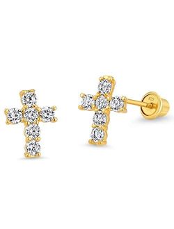 14k Gold Plated Brass Cross Cubic Zirconia Screwback Baby Girls Earrings with Sterling Silver Post