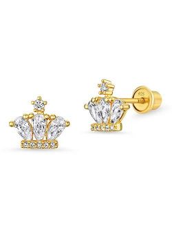 14k Gold Plated Brass Cubic Zirconia Princess Crown Screwback Girls Earrings with Sterling Silver Post