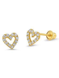 14k Gold Plated Brass Open Heart Cubic Zirconia Screwback Girls Earrings with Sterling Silver Post