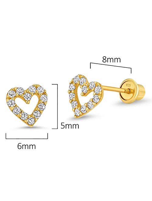 Lovearing 14k Gold Plated Brass Open Heart Cubic Zirconia Screwback Girls Earrings with Sterling Silver Post