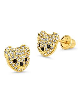 14k Gold Plated Brass Teddy Bear Cubic Zirconia Screwback Girls Earrings with Sterling Silver Post