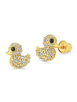 14k Gold Plated Brass Duck Cubic Zirconia Screwback Baby Girls Earrings with Sterling Silver Post