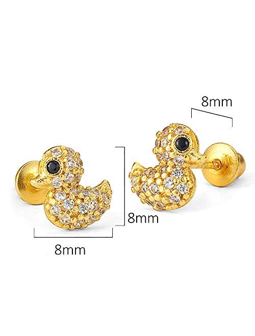 Lovearing 14k Gold Plated Brass Duck Cubic Zirconia Screwback Baby Girls Earrings with Sterling Silver Post