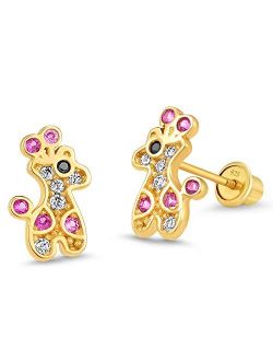 14k Gold Plated Brass Giraffe Cubic Zirconia Screwback Baby Girls Earrings with Sterling Silver Post