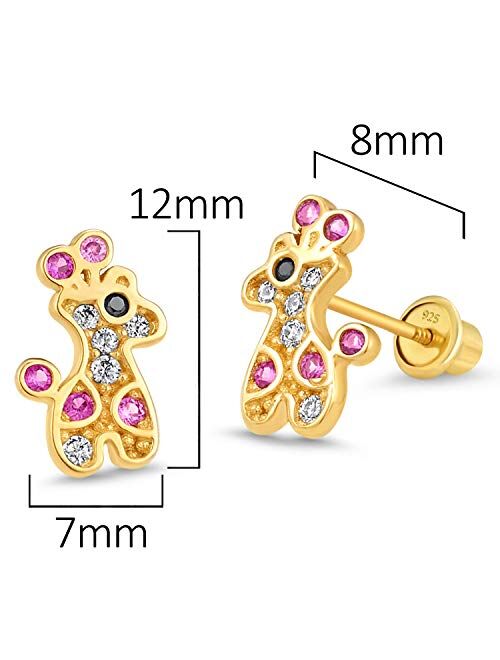 Lovearing 14k Gold Plated Brass Giraffe Cubic Zirconia Screwback Baby Girls Earrings with Sterling Silver Post