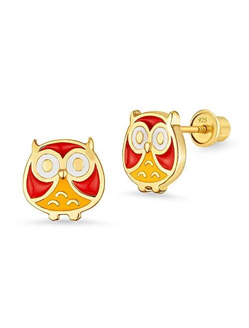 Lovearing 14k Gold Plated Enamel Owl Baby Girls Earrings with Sterling Silver Post