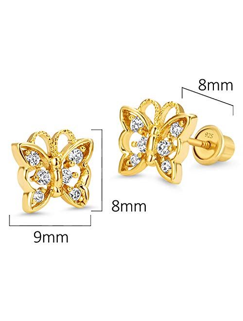 Lovearing 14k Gold Plated Brass Butterfly Cubic Zirconia Screwback Girls Earrings with Sterling Silver Post