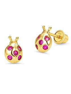 14k Gold Plated Brass Lady Bug Cubic Zirconia Screwback Girls Earrings with Sterling Silver Post