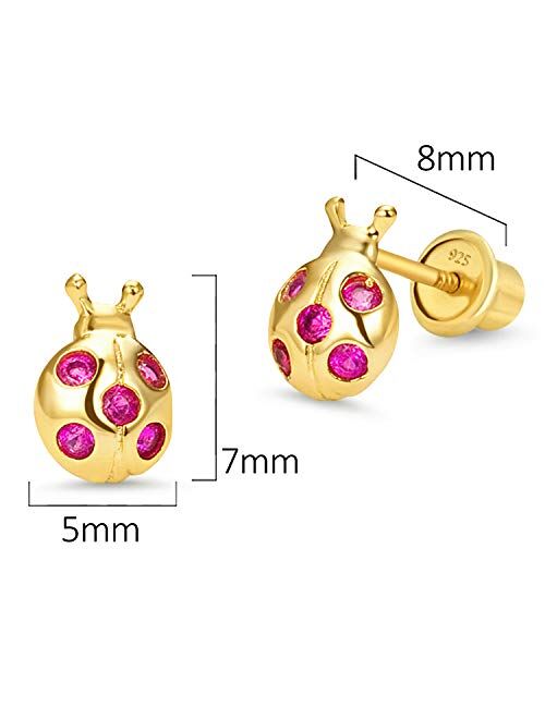 Lovearing 14k Gold Plated Brass Lady Bug Cubic Zirconia Screwback Girls Earrings with Sterling Silver Post