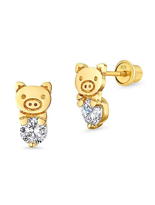 Lovearing 14k Gold Plated Brass Pig Cubic Zirconia Screwback Baby Girls Earrings with Sterling Silver Post