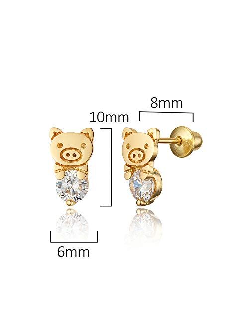 Lovearing 14k Gold Plated Brass Pig Cubic Zirconia Screwback Baby Girls Earrings with Sterling Silver Post