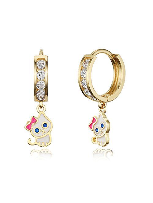 Lovearing 14k Gold Plated Brass Cat Kitten Channel Cz Huggy Baby Girls Hoop Earrings