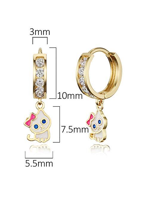 Lovearing 14k Gold Plated Brass Cat Kitten Channel Cz Huggy Baby Girls Hoop Earrings