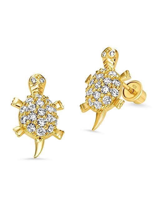 Lovearing 14k Gold Plated Brass Turtle Cubic Zirconia Screwback Baby Girls Earrings with Sterling Silver Post