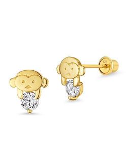14k Gold Plated Brass Monkey Cubic Zirconia Screwback Baby Girls Earrings with Sterling Silver Post