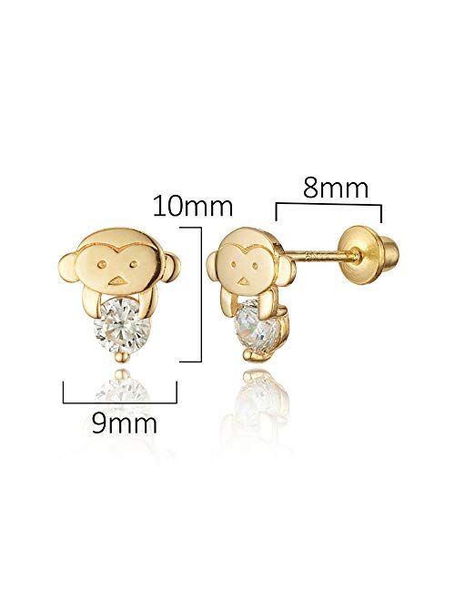 Lovearing 14k Gold Plated Brass Monkey Cubic Zirconia Screwback Baby Girls Earrings with Sterling Silver Post