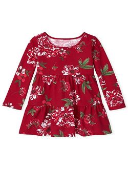 Baby Toddler Girl Long Sleeve Floral Print Knit Tiered Dress