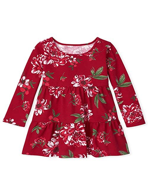 The Children's Place Baby Toddler Girl Long Sleeve Floral Print Knit Tiered Dress