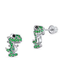 925 Sterling Silver Rhodium Plated Green Dinosaur Cubic Zirconia Screwback Baby Girls Earrings