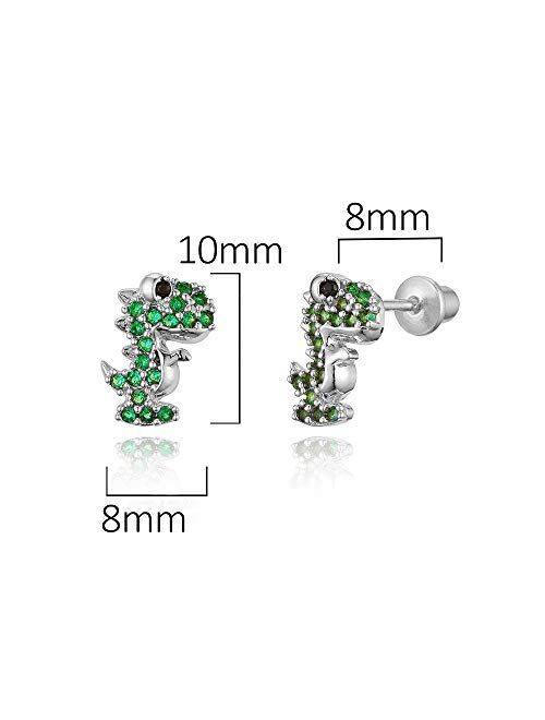 Lovearing 925 Sterling Silver Rhodium Plated Green Dinosaur Cubic Zirconia Screwback Baby Girls Earrings