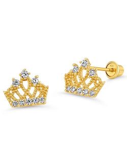 14k Gold Plated Brass Princess Crown Cubic Zirconia Screwback Girls Earrings with Silver Post