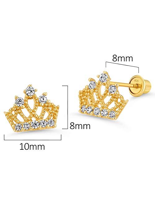 Lovearing 14k Gold Plated Brass Princess Crown Cubic Zirconia Screwback Girls Earrings with Silver Post