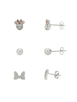 Two-Tone Cubic Zirconia Minnie Mouse Earring Set with Imitation Pearl and Bow, Three Pair,  in Silver Plate