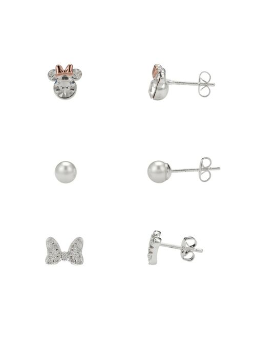 Disney Two-Tone Cubic Zirconia Minnie Mouse Earring Set with Imitation Pearl and Bow, Three Pair,  in Silver Plate