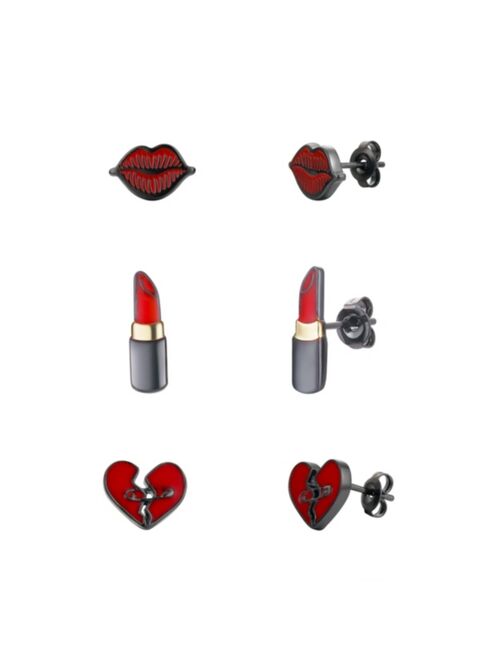 Disney Faux Rhodium Plated Cruella Lipstick, Lips and Heart Earring Trio