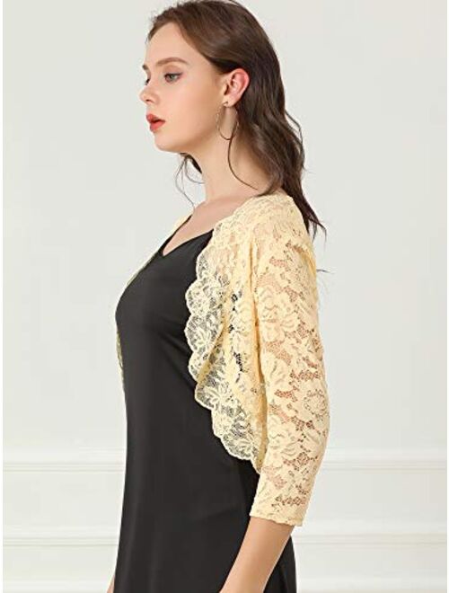Allegra K Women's Elegant 3/4 Sleeve Sheer Floral Lace Shrug Top