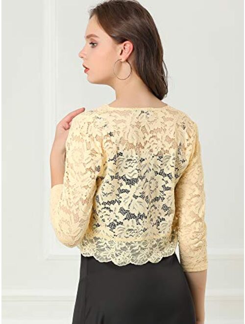Allegra K Women's Elegant 3/4 Sleeve Sheer Floral Lace Shrug Top