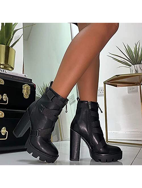 WETKISS Platform Boots for Women, Heeled Combat Boots Chunky Heel Booties Round Toe Lace Up High Heel Ankle Boots