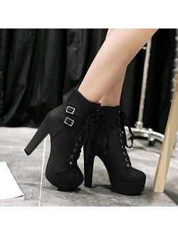 ForeMode Women Autumn Round Toe Lace up Ankle Buckle Chunky High Heel Platform Knight Boots