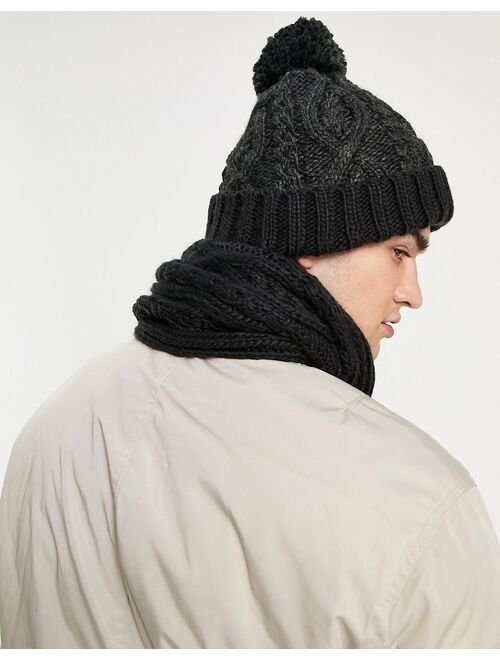 French Connection two-tone cable hat and scarf set in navy/khaki