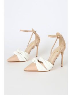Santina White and Light Nude Pointed-Toe Ankle Strap Pumps