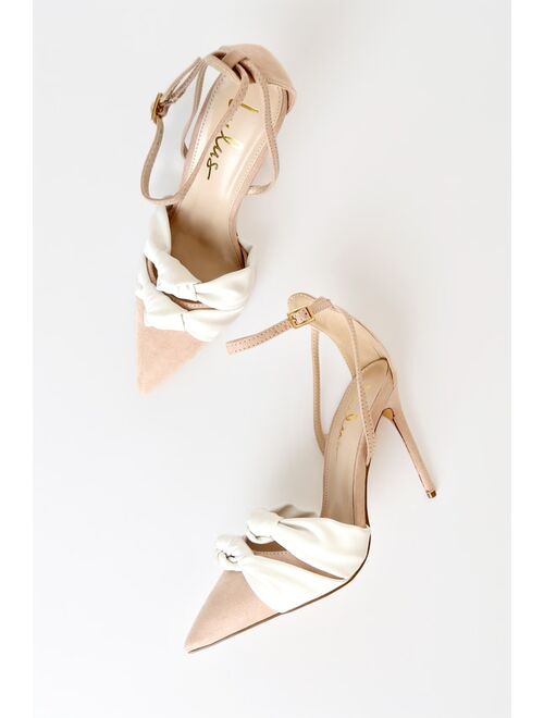 Lulus Santina White and Light Nude Pointed-Toe Ankle Strap Pumps
