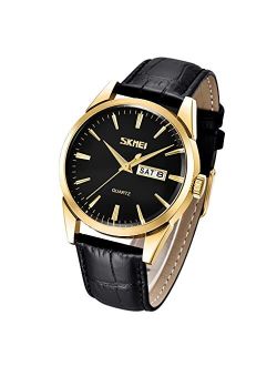 Mens Leather Watch Dress Classic Business Fashion Casual Calendar Date Analog Quartz Waterproof Wristwatch Fathers Gifts