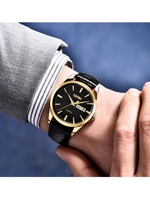 SKMEI Mens Leather Watch Dress Classic Business Fashion Casual Calendar Date Analog Quartz Waterproof Wristwatch Fathers Gifts