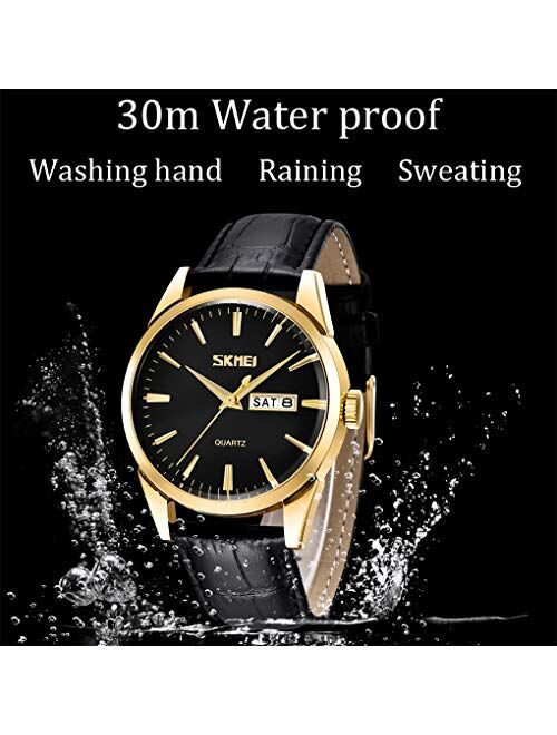 SKMEI Mens Leather Watch Dress Classic Business Fashion Casual Calendar Date Analog Quartz Waterproof Wristwatch Fathers Gifts