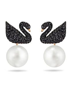 Rose Gold-Tone Crystal Pav Black Swan and Imitation Pearl Drop Earrings