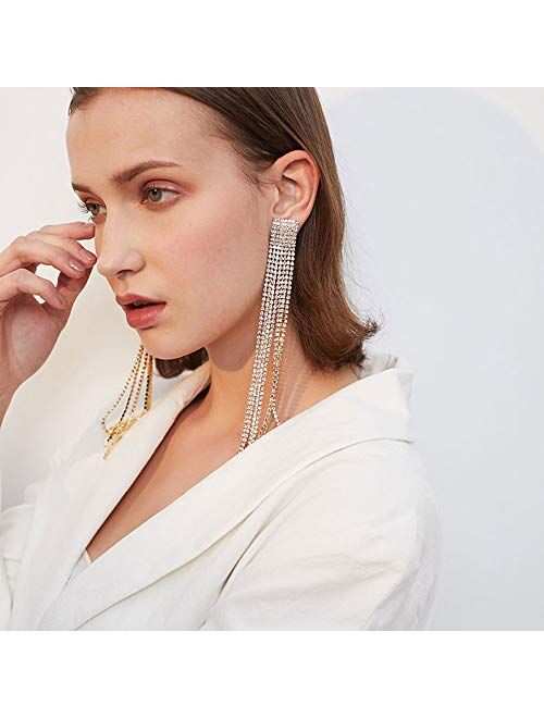 FXmimior Fashion Women Long Rhinestones Tassel Earrings Gold Bohemian Long Chain Drop Dangle Earrings Jewelry for Women